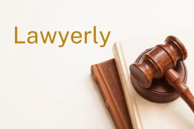 Promotional image for Lawyerly platform, shows a judge's gavel on two books