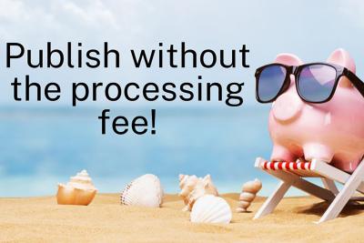 Image of a piggy bank wearing sunglasses relaxing on a beach text read publish without the processing fee!