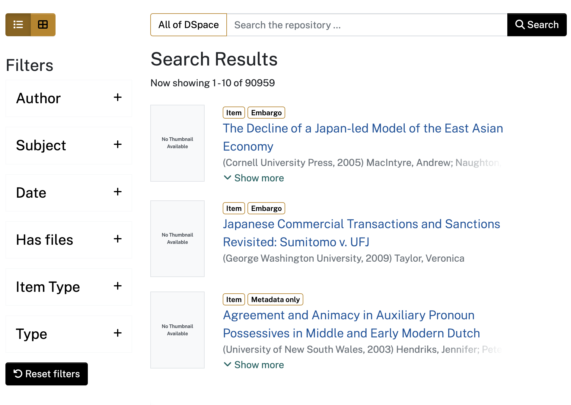 screenshot of filtering options in search through Open Research Repository