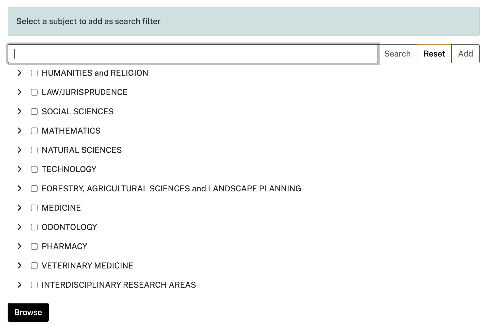 screenshot of Subject search through Open Research Repository