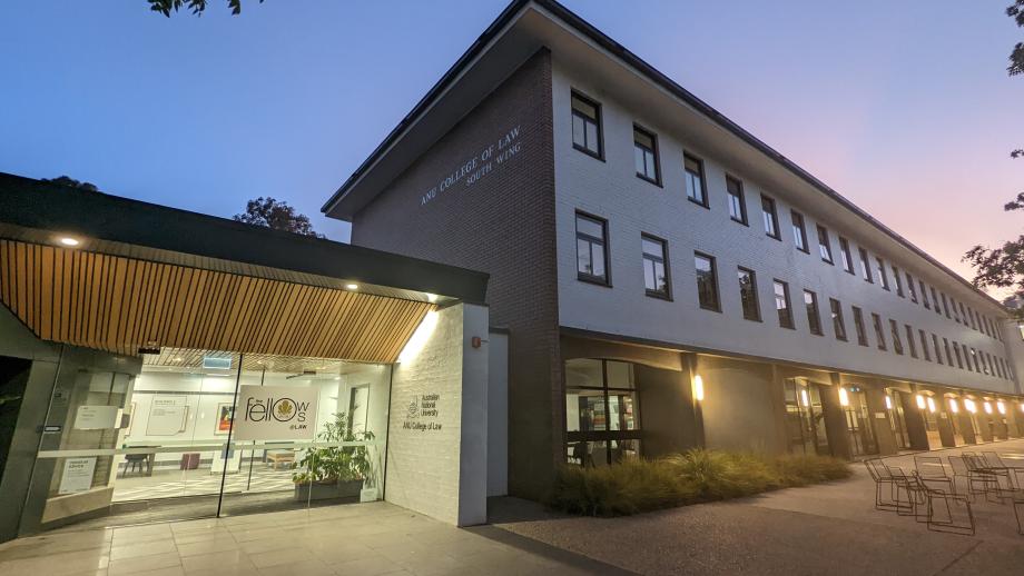 Photograph of the ANU Law Library at night