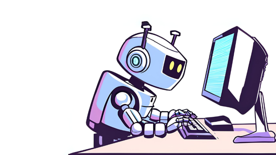 Cartoon image of a robot sitting at a desk, typing on a computer keyboard and looking at a monitor screen