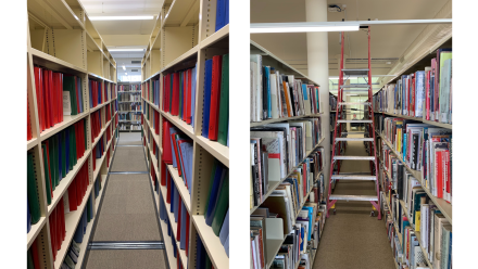 Photograph of the Art & Music Library shelves from within the compactus