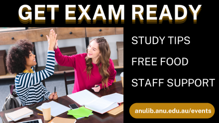 image reads get exam ready study tops, free food, staff support and has a photo of two girls sitting at a desk and high fiving