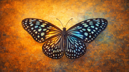 A stylised butterfly with detailed, patterned wings is centered against a textured background of warm gold, amber, and blue tones. The butterfly’s wings show intricate light markings that contrast with the darker wing edges, and the overall artwork has a painterly, mosaic‑like texture inspired by a rich, warm color palette.