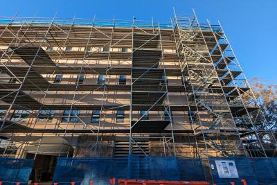 Photograph of Menzies Library with scaffolding