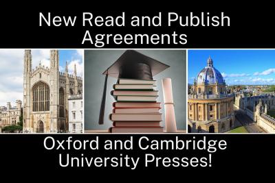 Image reads news read and publish agreements oxford and cambridge presses. Image of Oxford Library and Cambridge cathedral and a stack of books with a mortar board cap on top