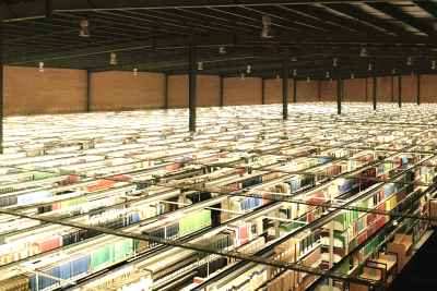 A drone shot of the shelves in the ANU Print Repository from 2018