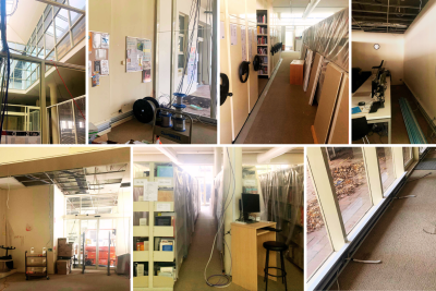 Photographs from May 2024 of the inside of the Art & Music Library construction zone - with lots of exposed wire, open ceiling tiles, tarps over collections, etc.