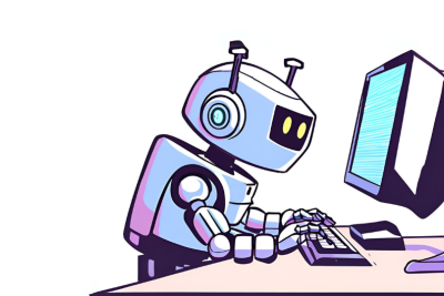 Cartoon image of a robot sitting at a desk, typing on a computer keyboard and looking at a monitor screen