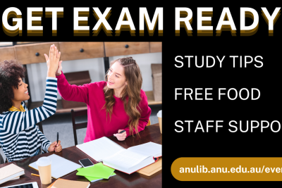 image reads get exam ready study tops, free food, staff support and has a photo of two girls sitting at a desk and high fiving